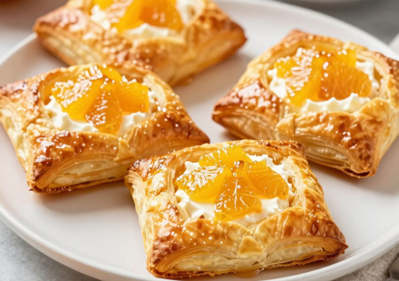 Пончики больше не делаю. Вместо них слойки с апельсинами и творожным сыром — нежные, сочные и очень быстрые