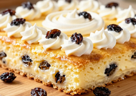 Ленивый творожный пирог с изюмом — без замеса, без хлопот, а получается нежнее пирожных