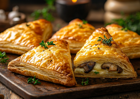 Заполняю тесто начинкой — и в духовку. Хрустящие слойки с сыром и грибами на завтрак за 20 минут