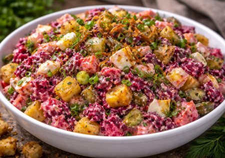 В этот салат идет жареный лук: вместо винегрета делаю «Свекольник» — все очень просто, но он затягивает