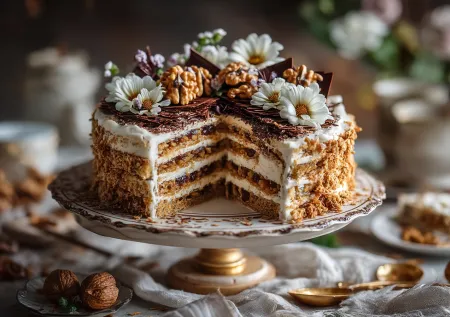 Домашний торт «Герцогиня» без долгой пропитки: нежный медовый бисквит с черносливом и орехами