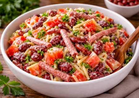 Вкусный салат без варки: «Обжорка» с копчёной колбасой — готовится за 5 минут