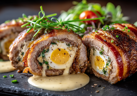 Эти рулетики из телятины — элегантное спасение для особого ужина. Нежное мясо, хрустящий бекон и яичный сюрприз под сливочным соусом