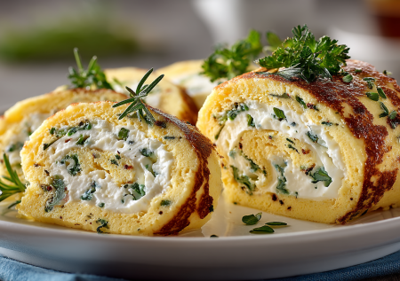 Этот творожный омлет-рулет — элегантная закуска для особенного завтрака. Нежный белок, зелень и сыр — идеальный старт дня