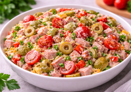 Делается за 7 минут и не надо ничего варить: салат с ветчиной, зелёными оливками и черри — простой, но очень вкусный