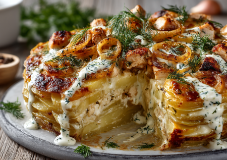 Ужин из килограмма картошки и упаковки грудки: запеканка с ароматной заливкой по-домашнему