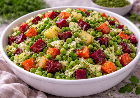 Весенний винегрет с зелёной заправкой — свежий взгляд на любимый салат