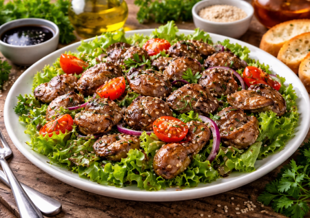 Теплый салат с печенью как в ресторане — сочный, ароматный и очень простой