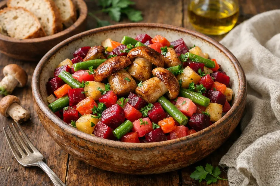 Винегрет с белыми грибами и стручковой фасолью