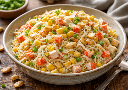 Спасает, когда гости на пороге: салат из «паутинки» и консервов