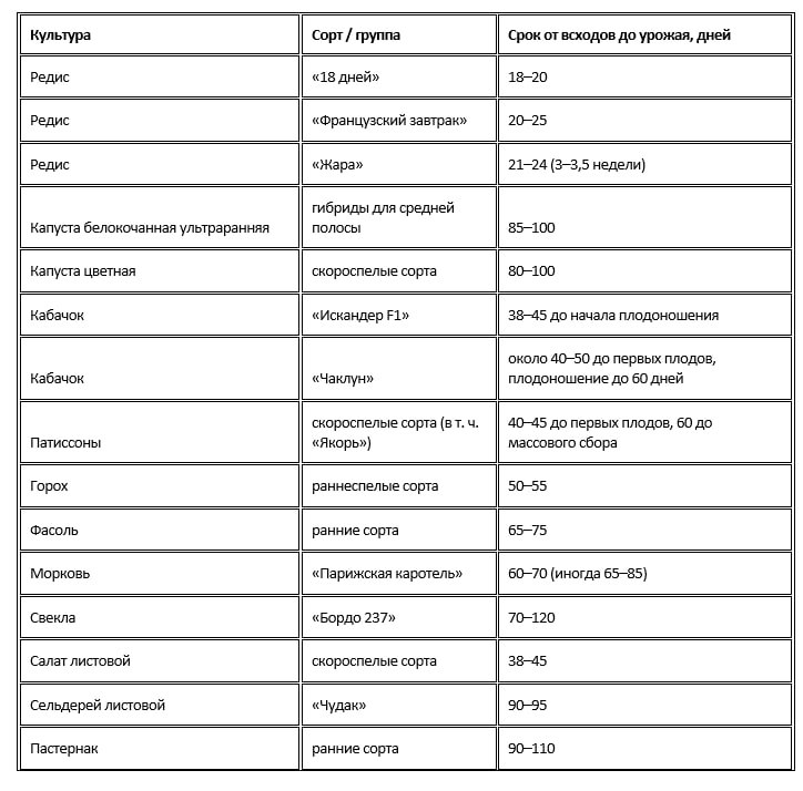 Таблица созревания: от всходов до сбора урожая (в днях)