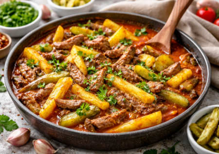 Лучшее рагу для весны: азу по-татарски с огурчиками — просто и вкусно