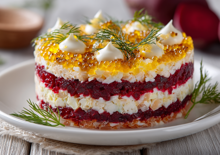 Это не селедка под шубой, а более нежный салат со свеклой: без картошки и морковки, с икрой мойвы