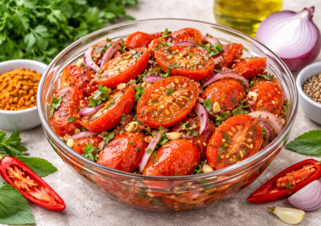 Помидоры по-корейски с красным луком: бюджетная закуска к мясу, картошке и просто с хлебом