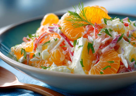 Необычный салат с изюминкой: крабовые палочки с апельсином удивят гостей вкусом