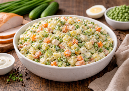 Легкий оливье для весны: заправка из йогурта и желтка и копченая грудка — вкус обалденный