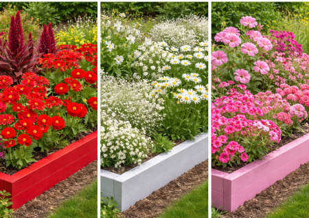Сею в клумбы по цветам: красивые цветы красного, белого и розового цветов. Участок сразу выглядит стильно