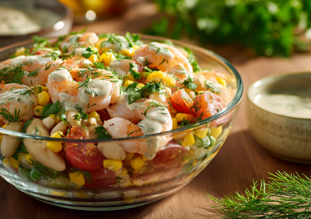 Салат за 10 минут без хлопот: «Морской бриз» с креветками и ароматной заправкой