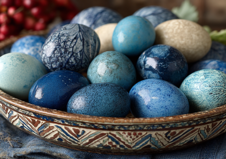 Погружаю яйца в настой — через час на столе палитра от нежной лазури до ночного сапфира. Эти крашенки будто спустились с небес