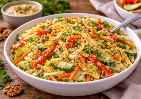 Разгрузочный салат с яичными блинчиками и овощами: ореховая заправка и невероятный вкус