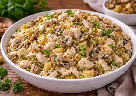 Вкусный салат с вареными окорочками и жареным луком — простой, но очень насыщенный по вкусу