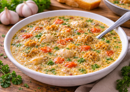 Армянская хозяйка угостила южным супом из хлеба: теперь готовлю тоже — сливочно-чесночный с помидорами. Совершенно необычный, но вкусный