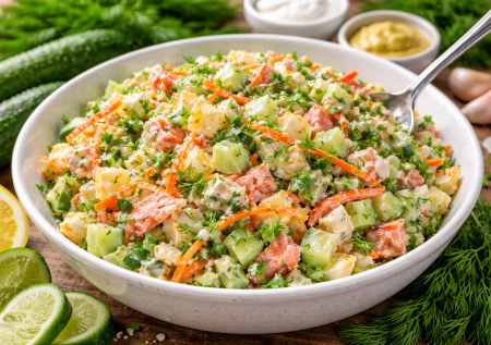 Этот весенний вариант салата «Финский» покорит всех! Чудо с крабовыми палочками, зеленью и огурчиками