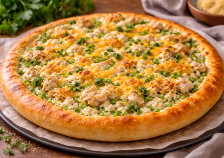 Пирог похож на пиццу, но с творогом и курицей — вкусный и пышный на дрожжевом тесте.