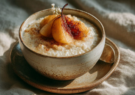 Десерт на завтрак? Легко! Рисовая каша с грушами в карамели — полезная сладость без молока