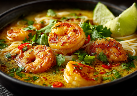 Этот суп карри с креветками — ваш билет в Азию. Ароматный бульон, кокосовое молоко и рисовая лапша: 20 минут — и на столе ароматный обед