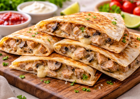 Вместо надоевшей шаурмы делаю кесадильи — с индейкой и сливочно-грибным соусом они получаются особенно вкусными