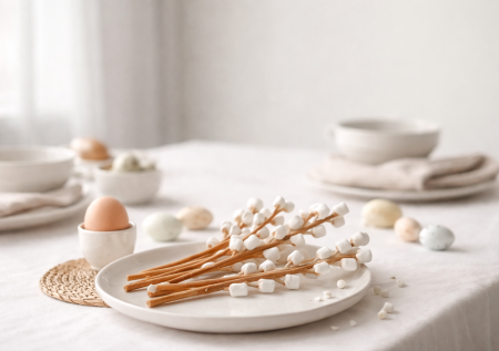 Вместо настоящей вербы — эта съедобная: из соломки и маршмеллоу, сладкая, нежная. Простое и яркое украшение пасхального стола