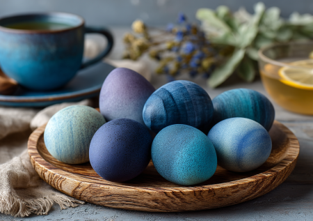 Опускаю яйца в раствор. Через 5 минут на столе вся палитра от лазури до аметиста — нежные крашенки на Пасху