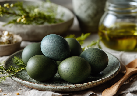 Погружаю яйца в раствор — через 2 часа достаю крашенки цвета горной оливы с натуральным блеском