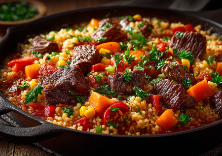 Когда лень готовить плов, на помощь приходит этот рецепт «все в одном»: булгур, тушенка, овощи — и никаких хлопот