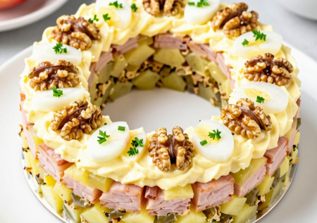 Натираю ветчину и картошку — на выходе салат-кольцо вкуснее оливье. Получается свежее и наряднее, а готовится проще