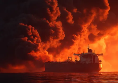 Полыхающий после удара ВМС Ирана американский танкер попал на видео