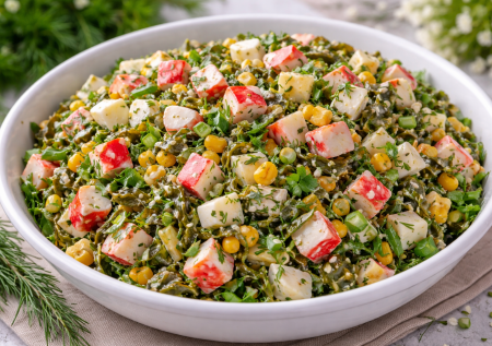 Морская капуста снова полюбилась семье: салат с крабовыми палочками и зеленью — идеально для весны