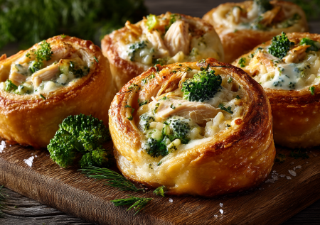 Эти закусочные рогалики — мой идеальный спутник на пикник. Слоеное тесто, начинка из курицы, риса и брокколи под сливочно-сырным соусом