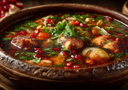 Бозартма из курицы — густой грузинский суп, который заменит и первое, и второе. Аромат лука, томатов и граната с пряными травами