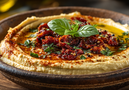 Этот хумус с вялеными томатами — средиземноморское солнце в тарелке. Кремовая текстура, дымная паприка и яркий акцент базилика