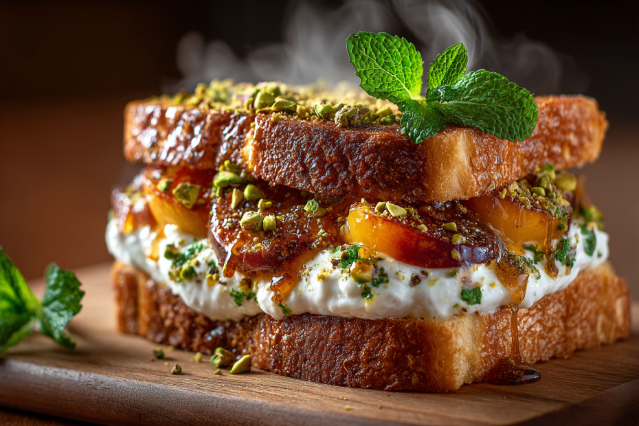 Сладкий десертный бутерброд с карамелизированным персиком, рикоттой и фисташками