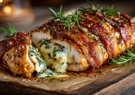 Эти куриные рулетики — мой секрет идеального праздника. Нежная курица, ароматный бекон и расплавленный сыр с эффектной подачей