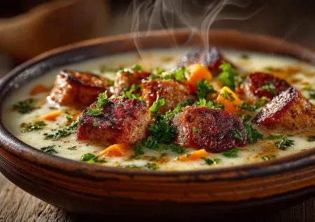 Немецкий суп-пюре с колбасой: сливочное блюдо, которое согреет и удивит вкусом