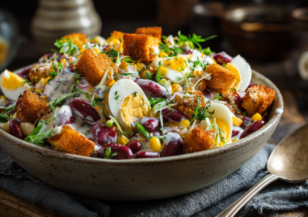 Пицца в миске: сытный салат с фасолью и сухариками