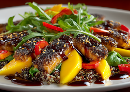 Настоящий шеф-рецепт: изысканный салат с копченым угрем. Хрустящее киноа, сочное манго и пикантный тамариндовый соус