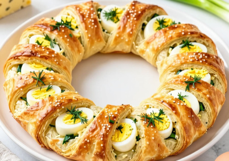 Прячу яйца в тесто — и доброе утро! Румяное кольцо с сыром и зеленью — получается нежнее хачапури