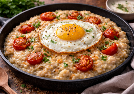 Несладкая овсянка — сливочная с сыром и жареным яйцом сверху. Простой завтрак, который удивляет