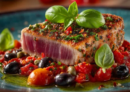 Быстрый ужин: стейк из тунца по-итальянски с травами и оливками