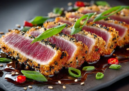 Стейк, который не нужно жевать: тунец в кунжуте с имбирем и соевым соусом